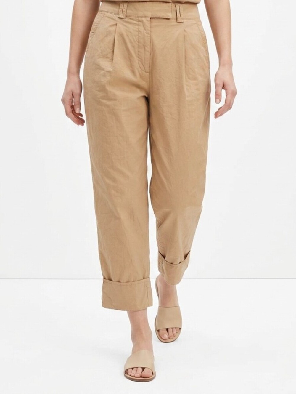 Anthropologie High-Rise Pleated Pants Cuffed Cream Tan Size 4 NWT‎ -Flaw-